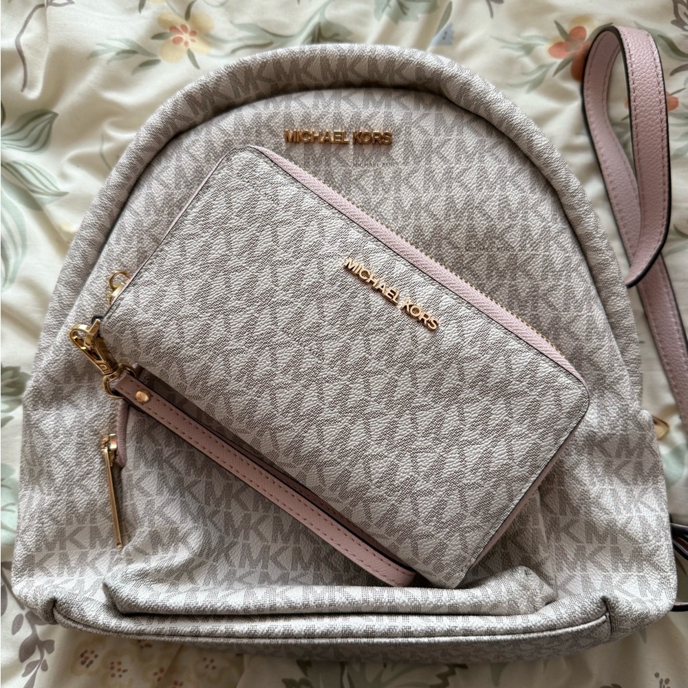 Michael Kors Cream and Pink Backpack with Wallet